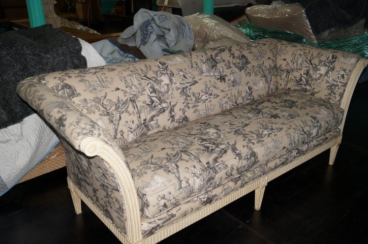 French Upholstered Settee: Carved painted French Provincial style frame. Raised on straight legs. Loose cushion construction. Harden tag stil in place. 35"H. x 84"W. x 34"D.