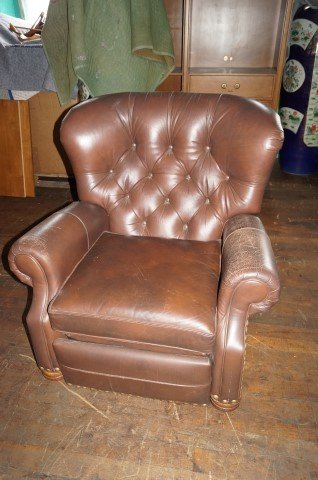 Brown Leather Tufted Reclining Chair: Best quality. Brass nail studded club chair. 38"H. x 36"W. x 38"D.
