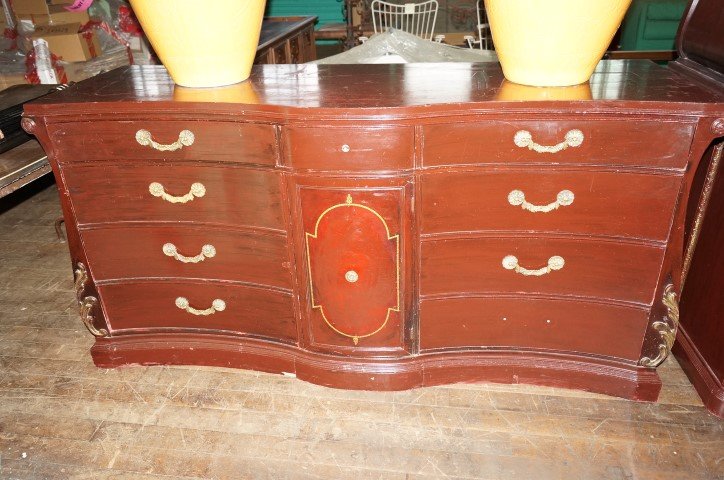 Mahogany Bedroom Suite -4 pcs.: Custom made with embossed leather classical designs. . The suite is comprised of a tall chest, a low dresser, two night stands. 36" x 70" x 23"; 55"x 36" x 21" and 29" x 20" x 15", the nightstands