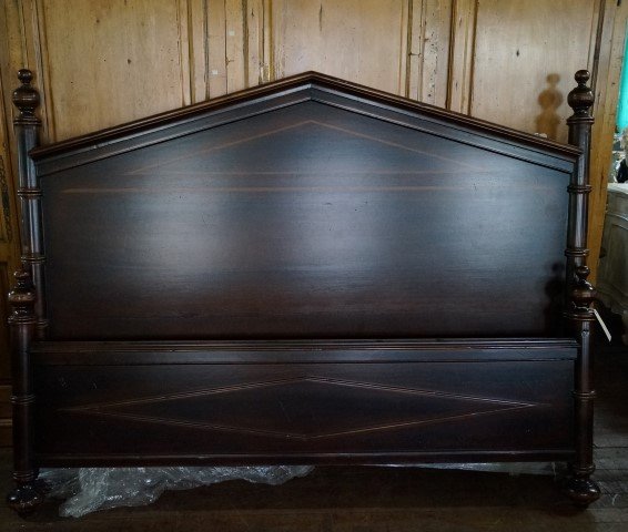 King Size Edwardian Style Bed: Good quality King Size Bed. Edwardian style pediment. String inlay. 63"H. x 85"W. (headboard) 34"H. x 85"W (footboard)