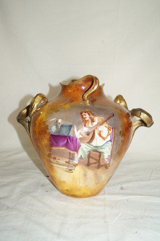 Royal Bonn Vase: Signed Royal Bonn. Gilt handles as is. May be visible in the photo. 11"H.