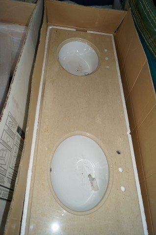 Marble Vanity Top: Natural marble double sink vanity, Crème Amalfi color, 61" W x 22" D., 35.5in. OC, 19in. sink to sink