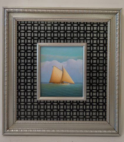 George Nemethy; American Oil Signed: Oil on canvasboard, a sail boat, signed George Nemethy 6" x 5" in a hand crafted frame