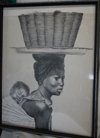 Nathan Wright Charcoal Signed: African mother and child. Charcoal on board. Signed L.Center Nathan Wright and dated '69. 26"H. x 21"W.