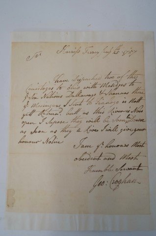 Col. George Croghan ALS, 1757: Col. George Croghan, Indian Agent, ALS. Croghan was an Indian agent under Sir William Johnson; famous at Braddock's Defeat where he fought and was wounded; a man who had extraordinary influence over t