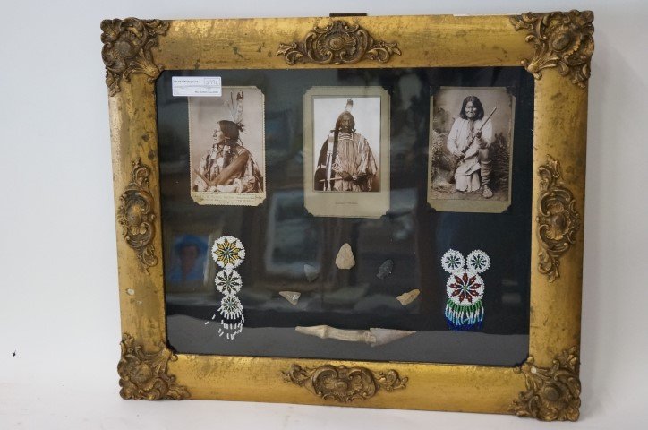 American Indian Diorama: Three Indian Cabinet Cards framed in a Victorian framed shadow box display. One cabinet card marked Pleasanton, Kansas and photographer marked, R. W. Harris; one cabinet card marked Larson-Wichita, th