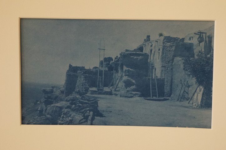 Charles Lummis Cyonotype: Charles Lummis 1405 Cyonotype print . Titled in negative, The Moqui Pueblos-Court in Hualpi-Scene of the Snake Dance. C. 1890's. Matted. 8"H. x 11"W. 4 1/4"H. x 7 1/4"W.
