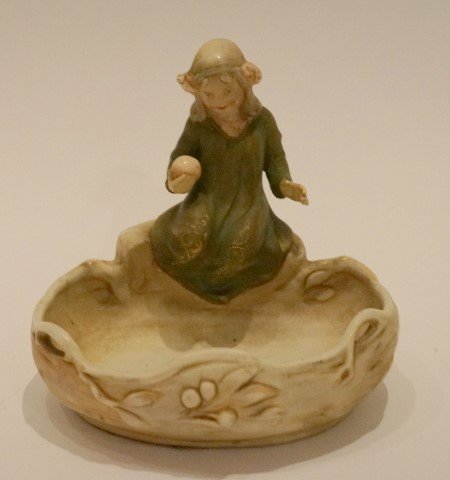 Royal Dux Figural Porcelain Dish: Figural porcelain dish. Figure of a young girl. Marked at the underside; 5in. H.