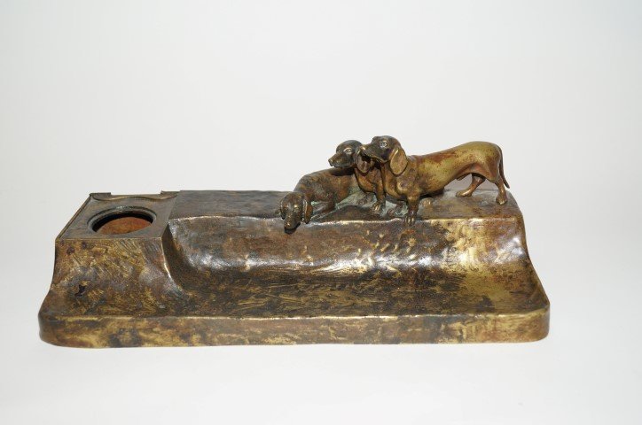 Friedrich Gornik; Austrian Bronze Inkwell Tray Signed: 19th C. bronze inkwell tray. Mounted with three(3) Dachsunds. Signed; 4.5in. H. x 12.5in. W.
