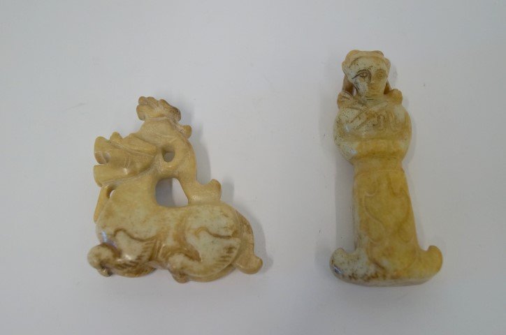 Two(2) Chinese Carved Jade Figures: Carved jade figure of a Diety, 4in. H.; Carved jade dragon, 3.25in. H.
