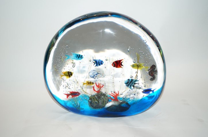 1950's Italian Glass Aquarium: Large Murano glass aquarium. Artist signed Elio Raffaeli; 14in. H. x 16in. W.