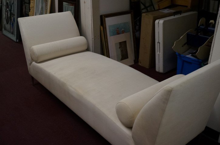 Art Moderne Sofa: Italian designer. Raised on chrome legs. With pillows; 34in. H. x 84in. L. x 28in. W.