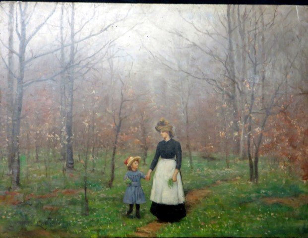 Paul Cornoyer; Oil Painting Signed: Oil on panel, Mother and Child in Landscape signed; 14in. X 18in.
