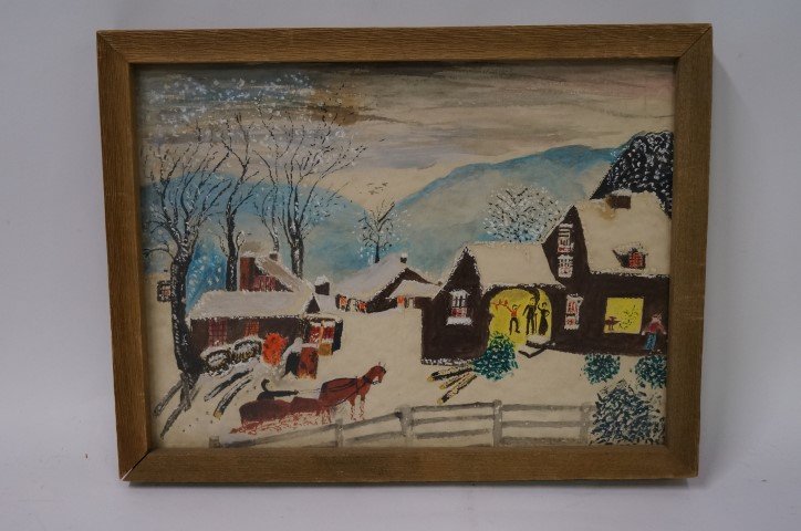 19th C. Primitive American; Gouache Painting: Gouache on board, Winter Homestead after Grandma Moses; 11.75in. X 15.75in.