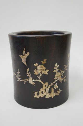 Chinese Huangali Brush Pot: Large wooden brush pot. Cylindrical form. Mother of pearl inlay with bird, floral and calligraphy decoration. 8.75"H. x 8.25"W.