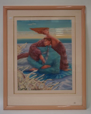 Laura Beatty Art Deco Air Brush: With figure. Signed. 27 1/2"H. x 21 1/2"W