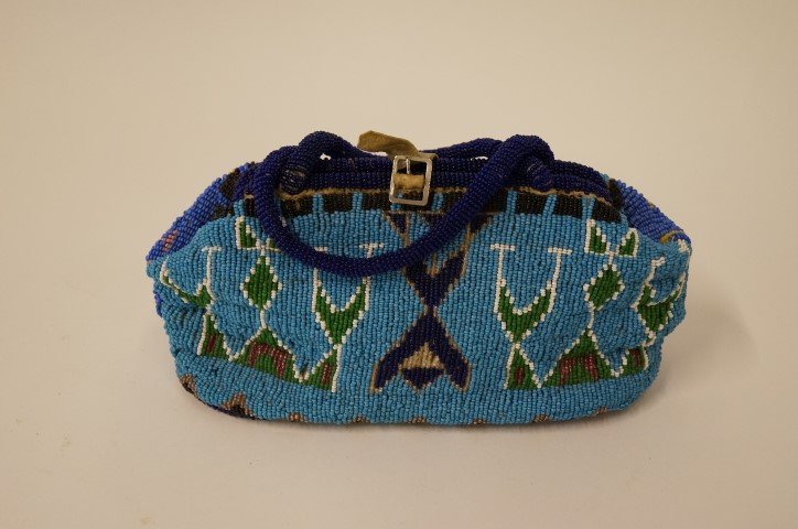 American Indian Medicine Bag: Lakota tribe elaborately beaded medicine bag. Circa 1931; 8in. H. x 10in. W.