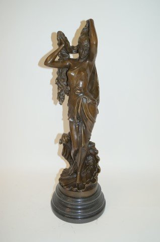 Auguste Moreau; Art Nouveau Figure of a Woman Signed: Bronze figure of a dancer emerging from a shell. Signed. Pedestaled marble base; 25in. H.