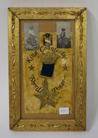 C. 1910 Sheriff's Badge and Posse Photos: C. 1910 clipped photos of two men in what appear to be Washington saddles framed with a star bade with crown and stars. More contemporary backing for King County Sherriff Posse which does not match pe
