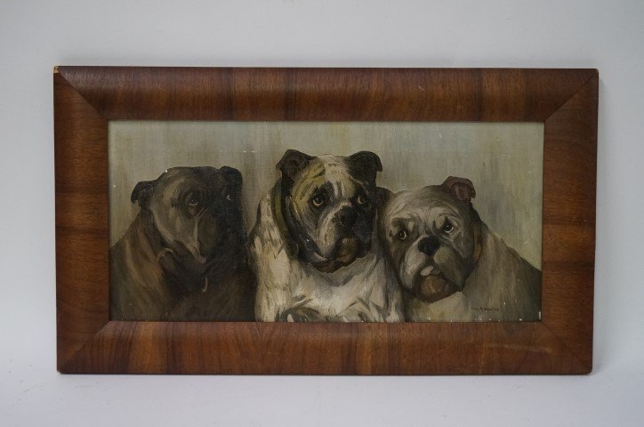 Emily K. Birch; American Oil Painting Signed: Oil on canvas, Three Bulldogs signed l.r. and dated '28(1928); 10in. X 21in.