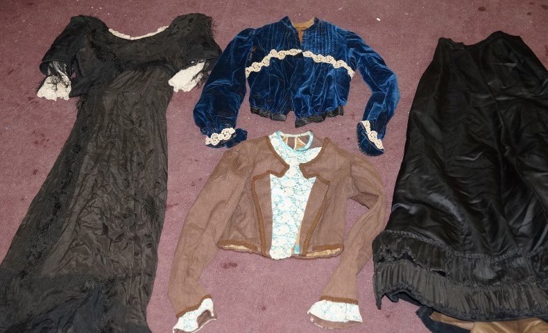 Vintage Clothing Lot: Ladies Victorian dress; a skirt; two jackets; included in the lot is an Army Officer's man's trench coat and a pr of men's trousers.