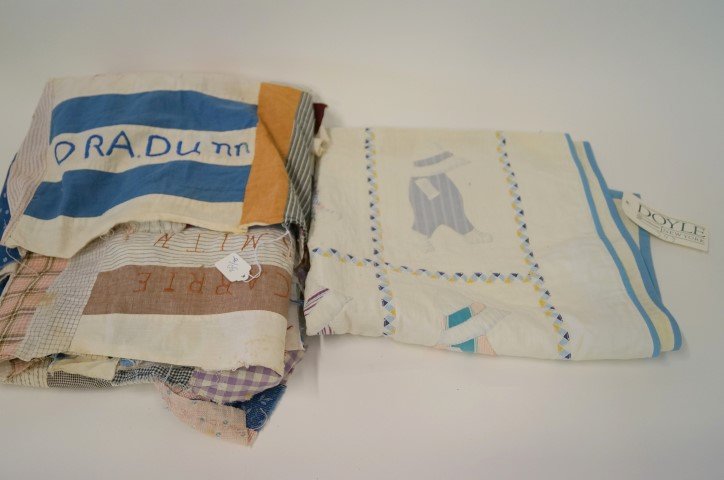 Bonnet Baby Crib Quilt & Quilt Top: A hand made Bonnet Baby Crib Quilt and a handmade quilt top with various names included. (some imperfections) 52" x 30" and 70" x 70"
