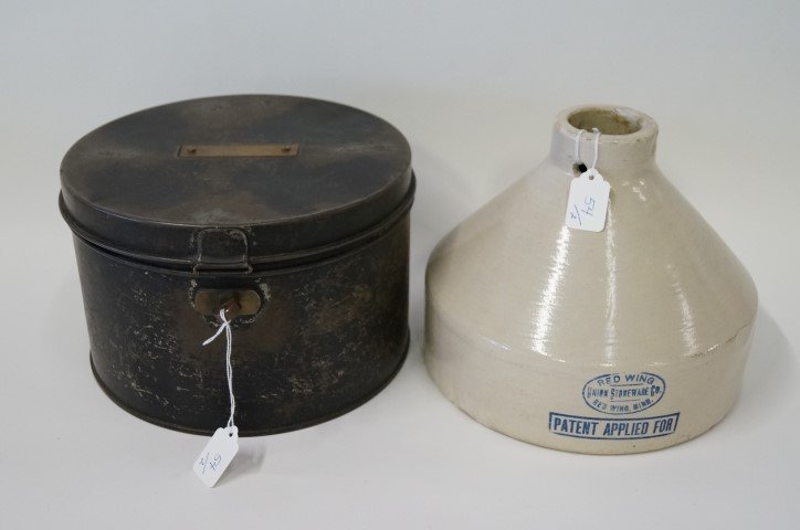 Red Wing Stand and Tin Hat Box: Red Wing Stoneware tree stand and a 19th C. tin hat box with brass plaque 10 1/2"D.