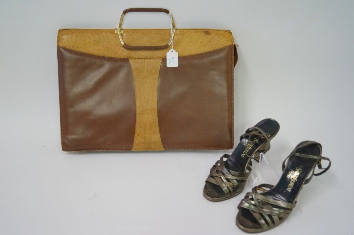 Ostrich Briefcase St. Laurent Shoes: A pr. of Yves St. Laurent Paris High Heel strappy sandal shoes, Size 7-8 and an ostrich ladies brief case with maker's mark difficult to discern.