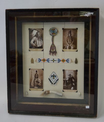 Indian Collage-Beadwork & Photos: Examples of native American beadwork and photographs in a display frame. 28" x 24"