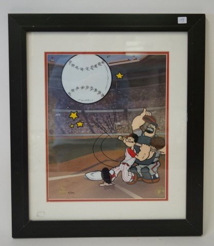 Ltd. Ed. Popeye Cel: King Features framed cel cartoon of Popeye and Bluto playing baseball. Numbered 41/500 15" x 12"