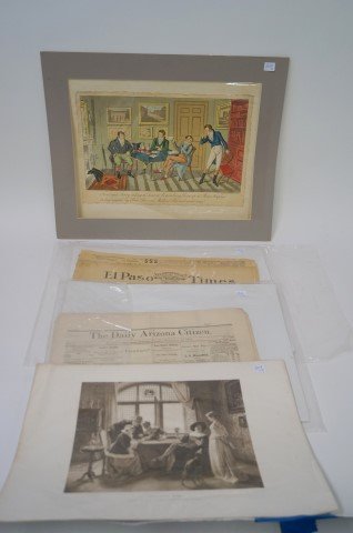 Dealer's Lot Western Items etc.: Two early newspapers, "El Paso Times", 1896; "The daily Arizona Citizen", 1879; The lot includes a colored print, an interior scene with figures and a blacka nd white print, also an interior scene. Si