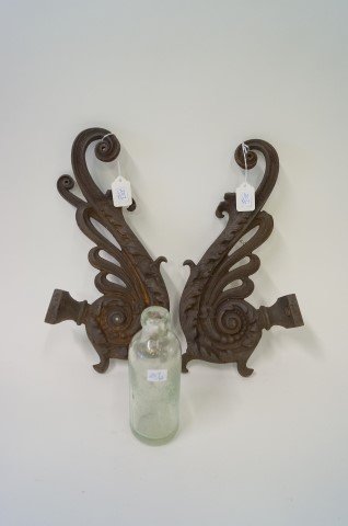 Pr, Cast Iron Brackets & Colorado Bottle: Victorian Cast Iron Brackets and a Victor Union Botting Works, Colorado bottle, 14" and 7"