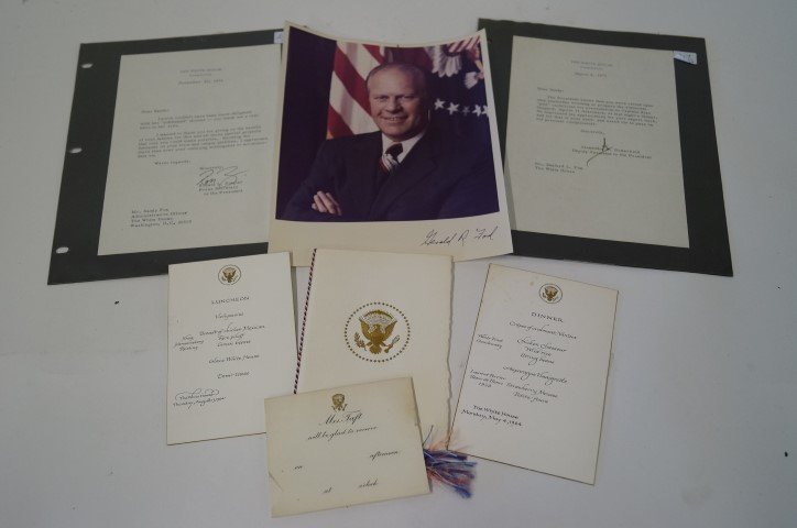 Political & White House Ephemera: Three letters on White House Stationery, one sgd. by Ronald Zieger (Press Secretary); one signed by Alexander Butterfield and one signed by Mike Schmitt. Included in the lot are white house invitiatio