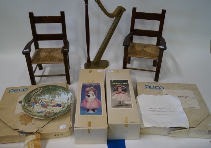 Dealer's Lot Toys, Plates Etc.: Lot includes three collector's plates in original boxes; two old fashioned dolls in original boxes; a toy harp and two doll's chairs with rush seats. Varying sizes.
