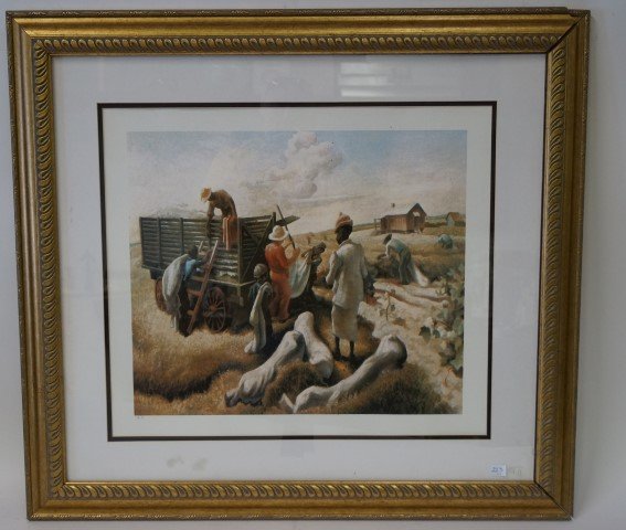 Thomas Hart Benton Artist Proof: Thomas Hart Benton Artist Proof plantation scene. Figures near a cotton wagon. Marked A.P. (Frame as is,) 18" x 21"