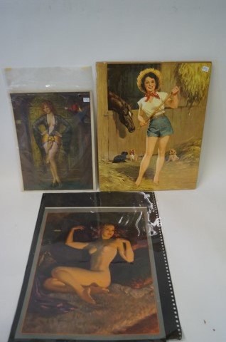 Pin-Up Prints (3): "Miss Glory" by Gene Pressler; "The Farmer's Daughter" by Walt Otto and a reclining nude by Frahm