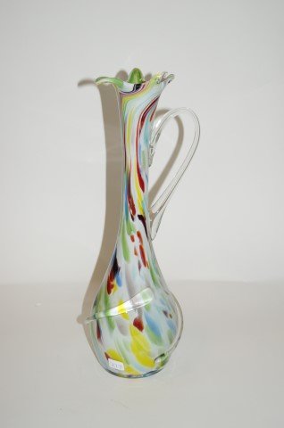 Murano Glass Ewer: Handled multi colored Italian art glass ewer 15 1/2"H.