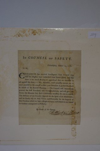 Important 1776 Council of Safety Document: Philadelphia, October 14, 1776 with In Council of Safety Banner. Signed in ink by Thomas Wharton, Jr. President."Congress has received Intelligence from Generl Lee, that the Heffians have embarded fro