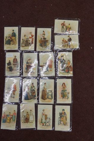 Singer Sewing Machine Trade Cards (17): C. 1892. The International Series depicting women in the dress of the country with the product. Seventeen different countries represented in this lot. 3 1/8" x 5 1/4"