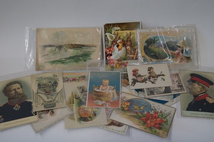 Early Trade Cards (21): Trade Cards or advertising cards for the following : Clark's O.N.T. Spool Cotton Thread; New Home Sewing Machines (2); A & P; Lion Coffee (7); M. H. Hickok Music Stores, Poughkeepsie; Cow Brand Soda a