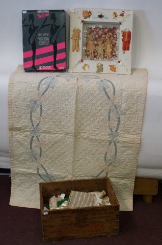 Antique Cutty Sark Crate & Contents: Lot to include a crib blanket with floral decorations; vintage fabric pcs.; an unusual mirror decorated with die-cuts and paper doll cut outs; a Barbie doll. Etc.