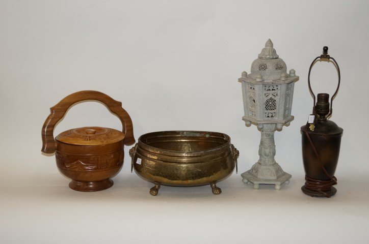 Dealer's Lot: Brass footed planter; carved bowl with lid and handle; Bishop lamp base; pagoda candle holder in the lot. 6"H. to 16"H.