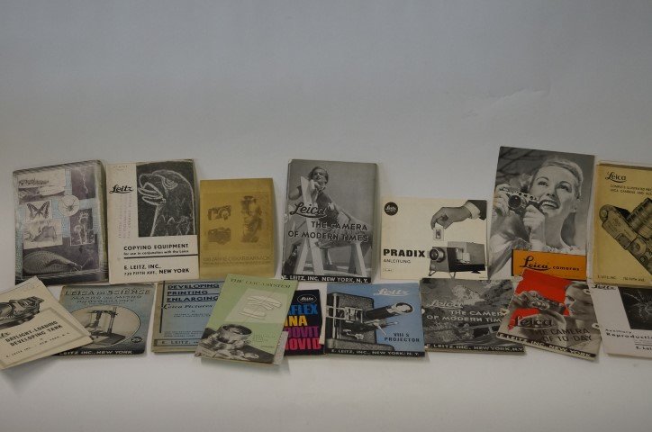 Leitz and Leica Camera Pamphlets: Vintage Leica and Leitz Camera Booklets and Pamphlets in the lot. Some with prices. Good reference material for photography buffs.