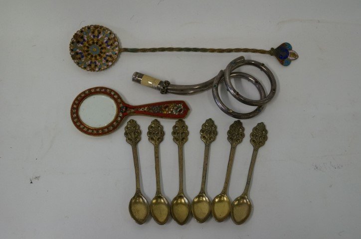 Dealer or Collector's Lot: Enamel spoon, micro-mosaic hand mirror; unusual silvered stopper with semi-precious stones and six demi-tasse spoons in the lot. 4" to 9"