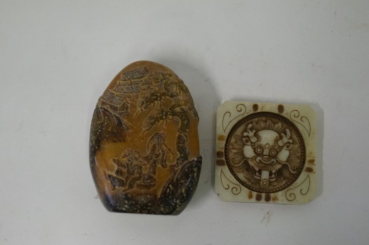 Soapstone Medallion. Carved Paperweight: Carved soapstone medallion and a carved stone paperweight. 2 3/4" square and 4"H. x 2 1/2"W