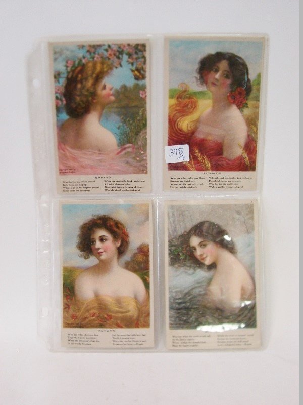 Postcards, The Seasons, Coffin (4): The Seasons (4) after paintings by W. Haskell Coffin. All cards have eight lines from a poem by W. Cullen Bryant Winter is written on at the back and was sent. Autumn has a number 228 at the back. Fou