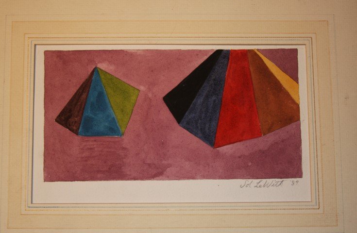 Sol Lewitt; 20th C. Watercolor Painting Signed: Watercolor on paper, Two Pyramids, 1989. Signed abd dated l.r.; 6in. x 10.5in.(image size)