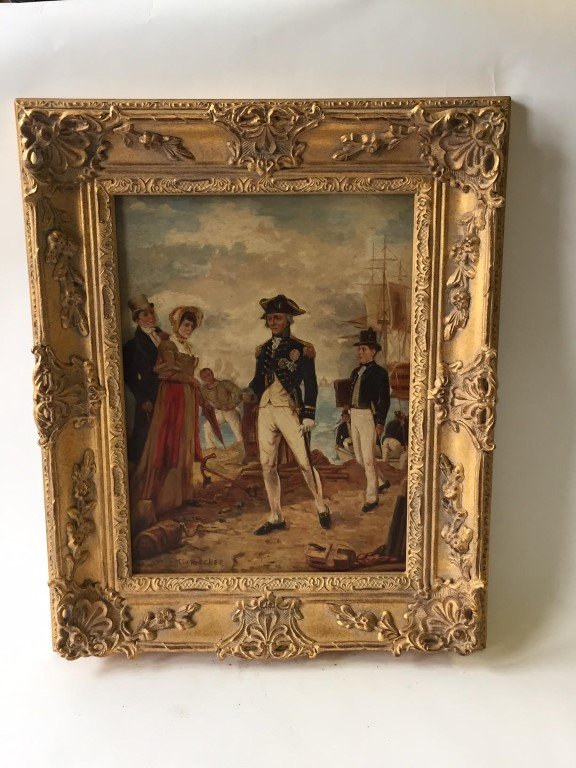 Anton Otto Fischer; American Oil Painting Signed: Oil on board, Washington's Arrival signed l.l.; 16in. X 12in.