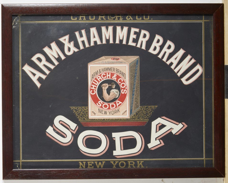Arm & Hammer Brand Soda Sign: Probably a calendar top. Lithography on paper. Church & Company NY. Framed; 12" x 15 1/2"