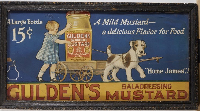 Gulden's Mustard Sign: A Mild Mustard - A delicious flavor for food".Lithography on paper. Framed. Condition: Some minor damages; 9 3/4" x 19 1/2